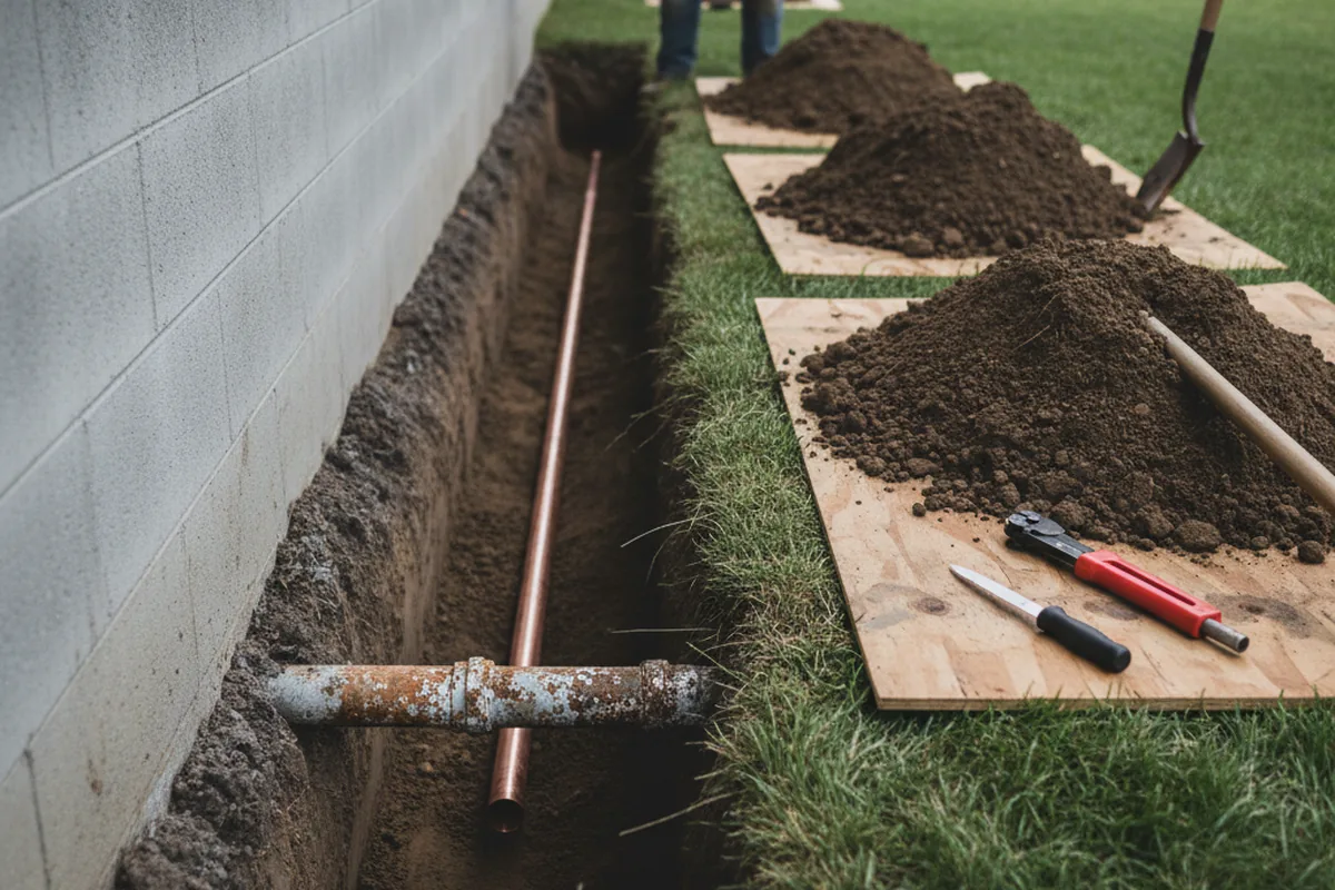Excavated water line trench during Water Heater Repair in Jamestown